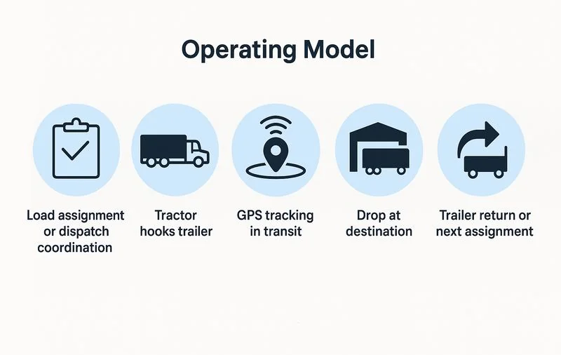 Infographic showing the operating model of power-only trucking from dispatch to trailer drop and return.