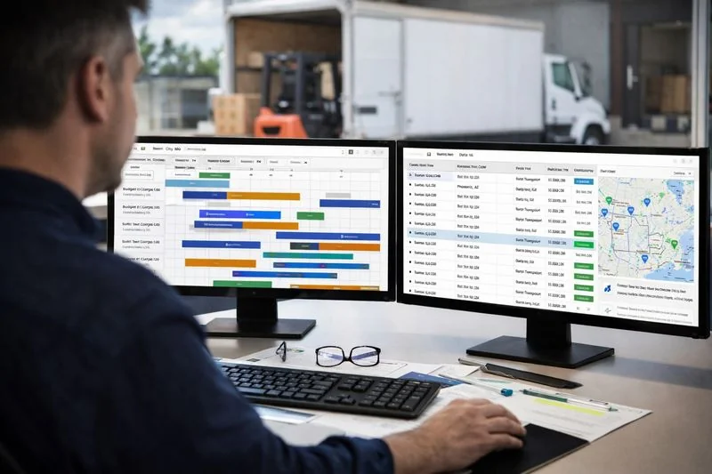 Logistics planner reviewing shipping schedules with trucks in the background, illustrating early freight planning to lower costs