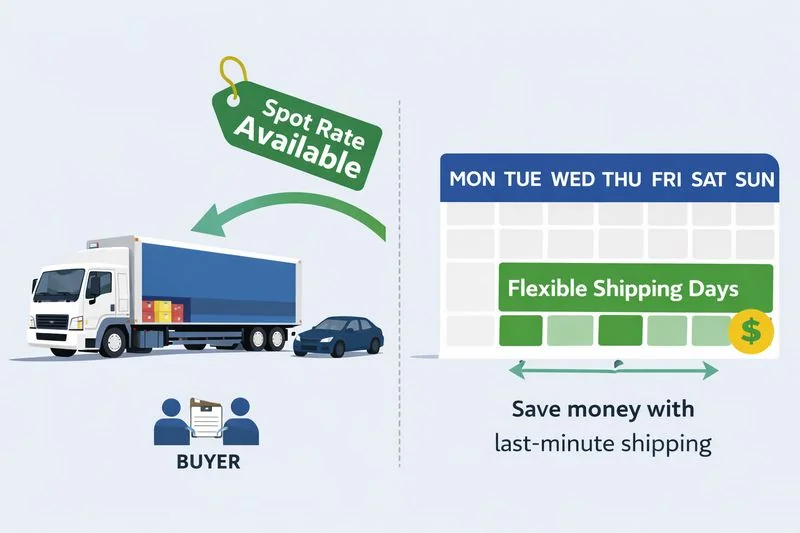 Infographic showing a truck with spot rate pricing and flexible shipping dates to illustrate last-minute freight savings