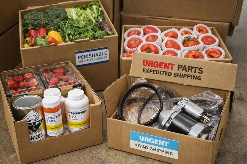 Assortment of time-sensitive freight including perishable foods, prescription drugs, and urgent automotive parts ready for shipment.