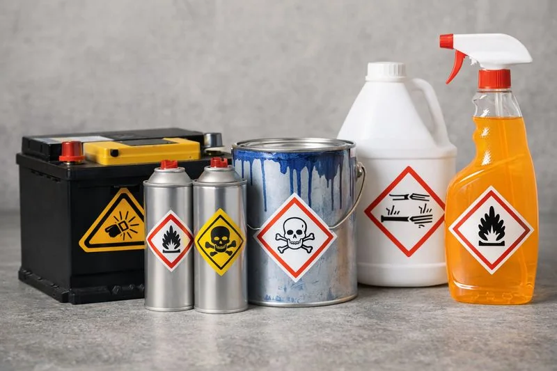 Photo of common hazardous materials including a car battery, paint cans, aerosol cans, and cleaning chemicals, all labeled with hazard warnings.