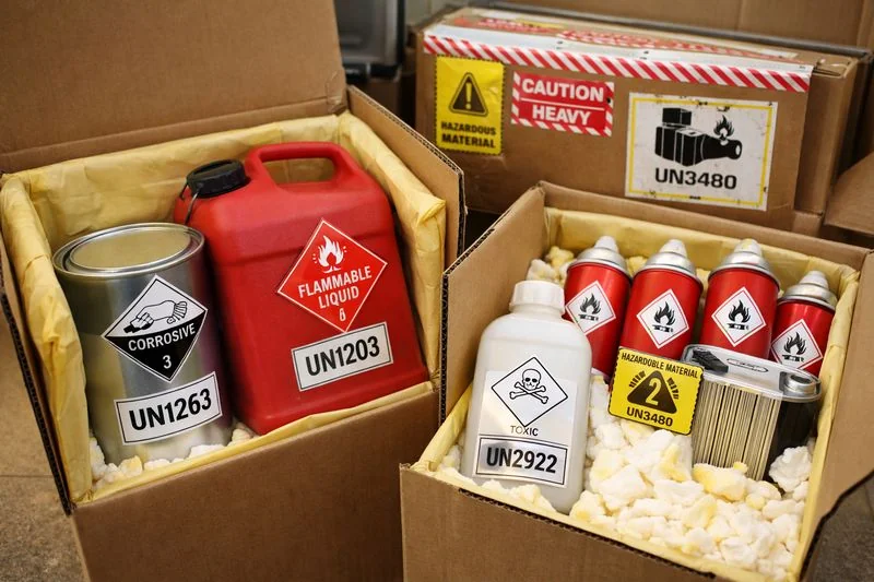 Photo of hazardous materials packed in UN-approved containers with hazard labels and cushioning, ready for safe shipment.